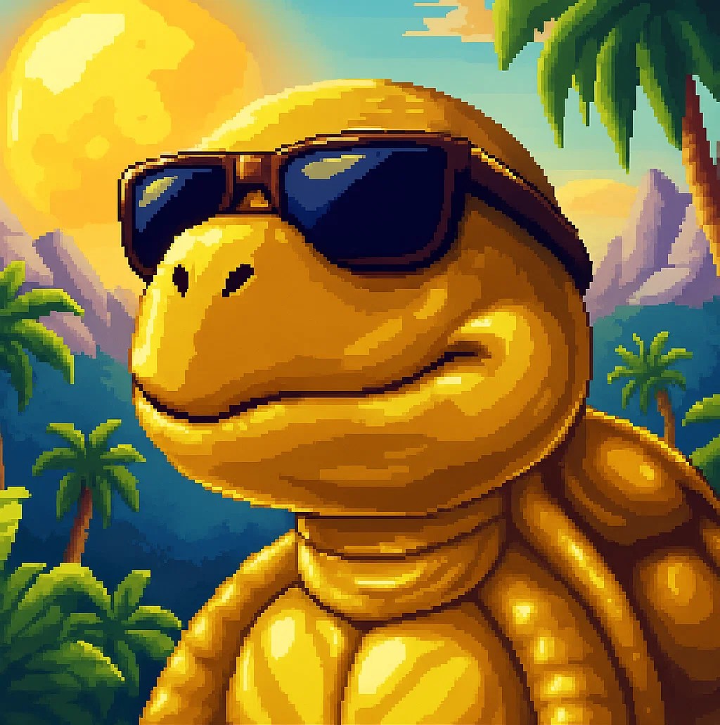Golden pixel-art turtle with sunglasses, a huge swinging gold chain, firing a green beam from its mouth when clicked, on a tropical beach
